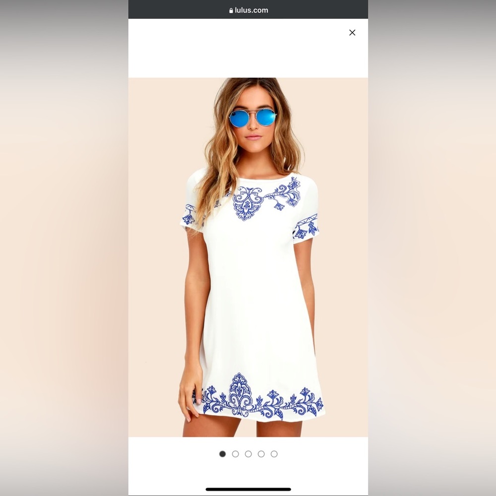 LULU’S Tale to Tell Blue and Ivory Embroidered Shift Dress Size XS